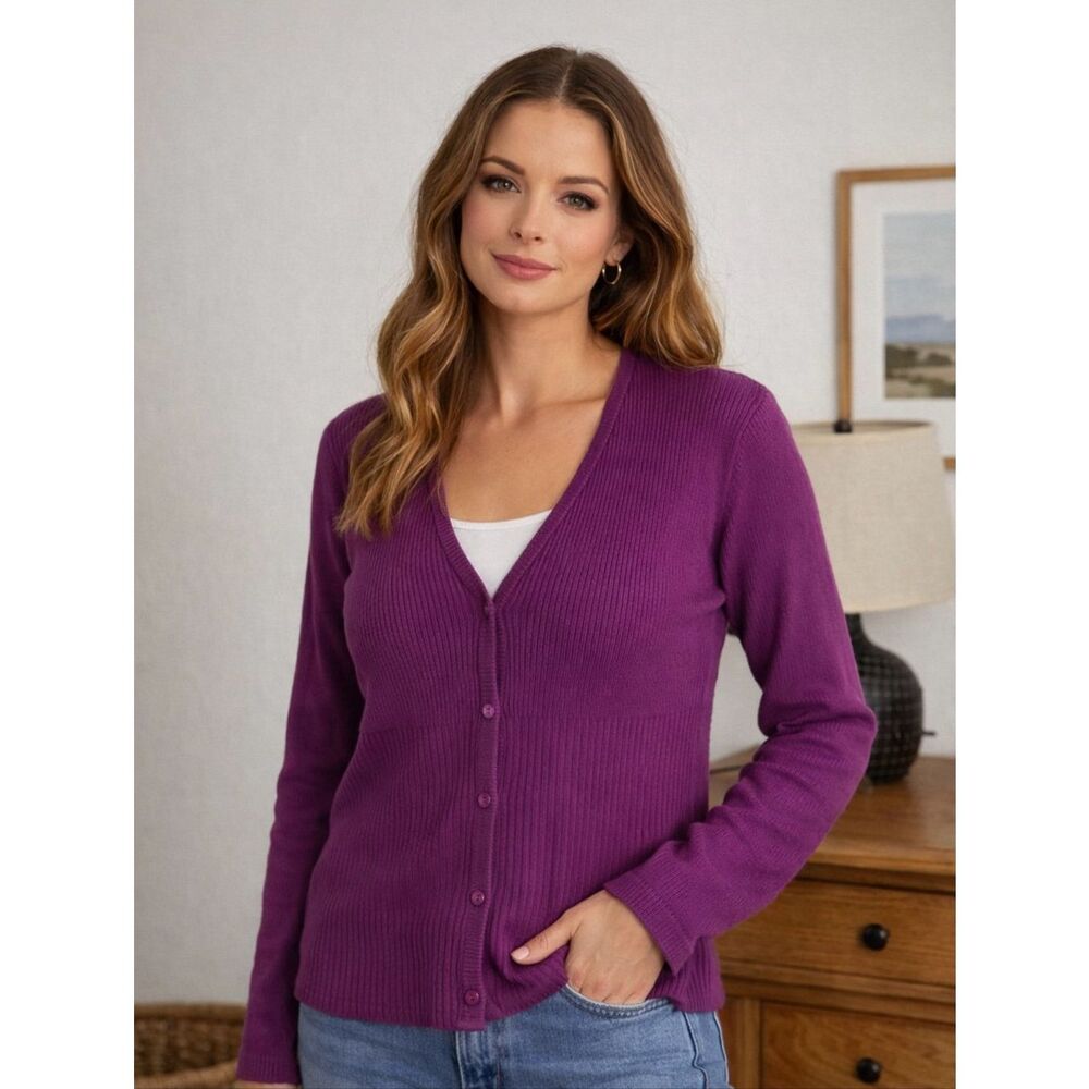 Vintage COSMOS Jeans Plum Purple Cotton Ribbed V-Neck Button Cardigan Size XL